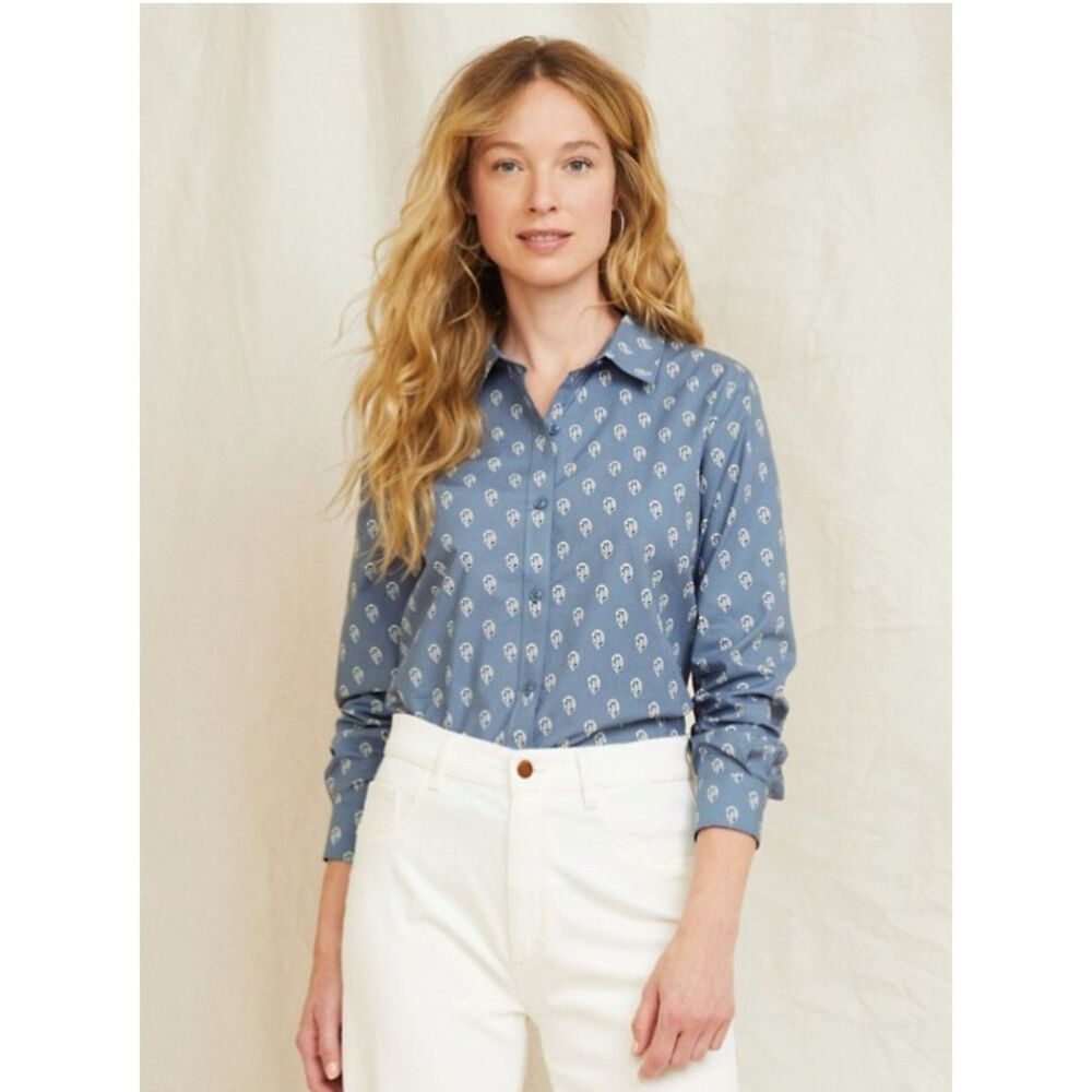 Garnet Hill 14 Essential Organic-Cotton Button Up Shirt Blue Long Sleeve Womens
